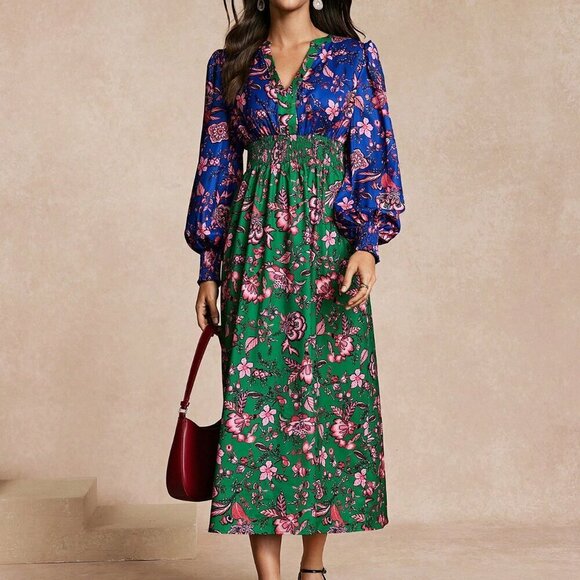 Multicolor Boho Women's Fitted Spliced Print Dress - Picture 3 of 6